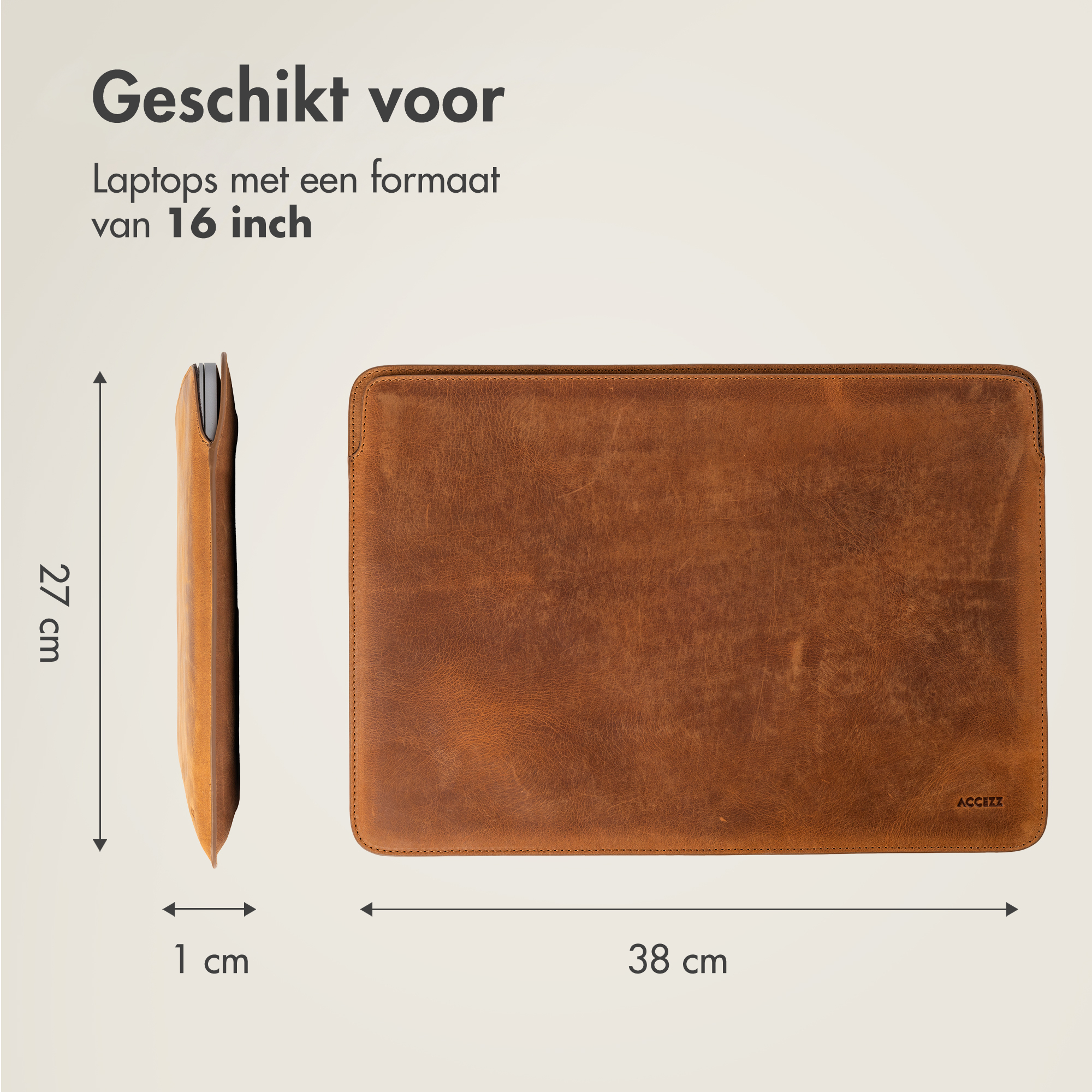 Braune Leder Laptoptasche, 38x27x1 cm, für 16-Zoll-Laptops.