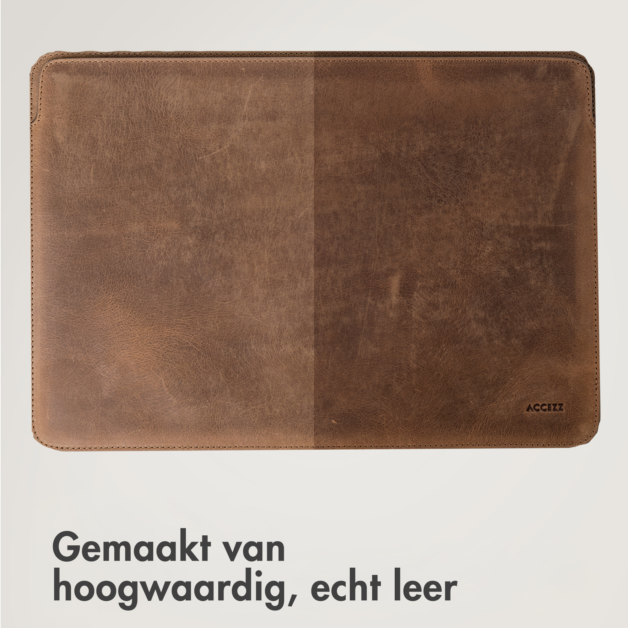 Brown leather case with stitching and logo.