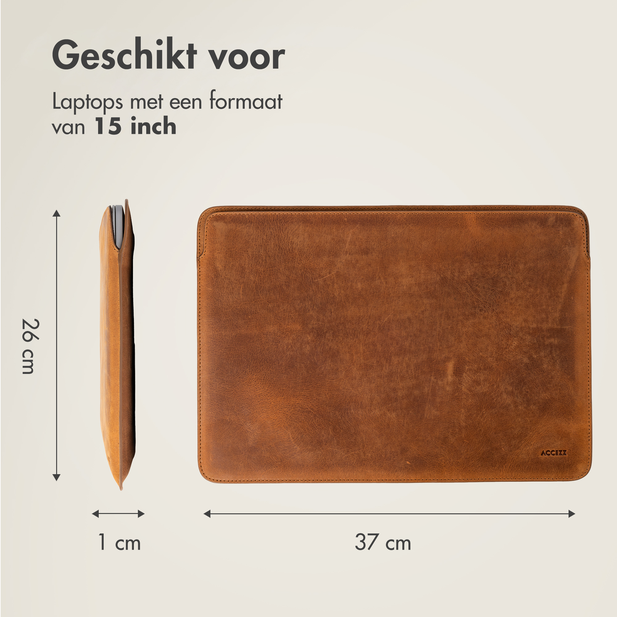 A brown leather laptop sleeve, 26x37 cm, 1 cm thick.