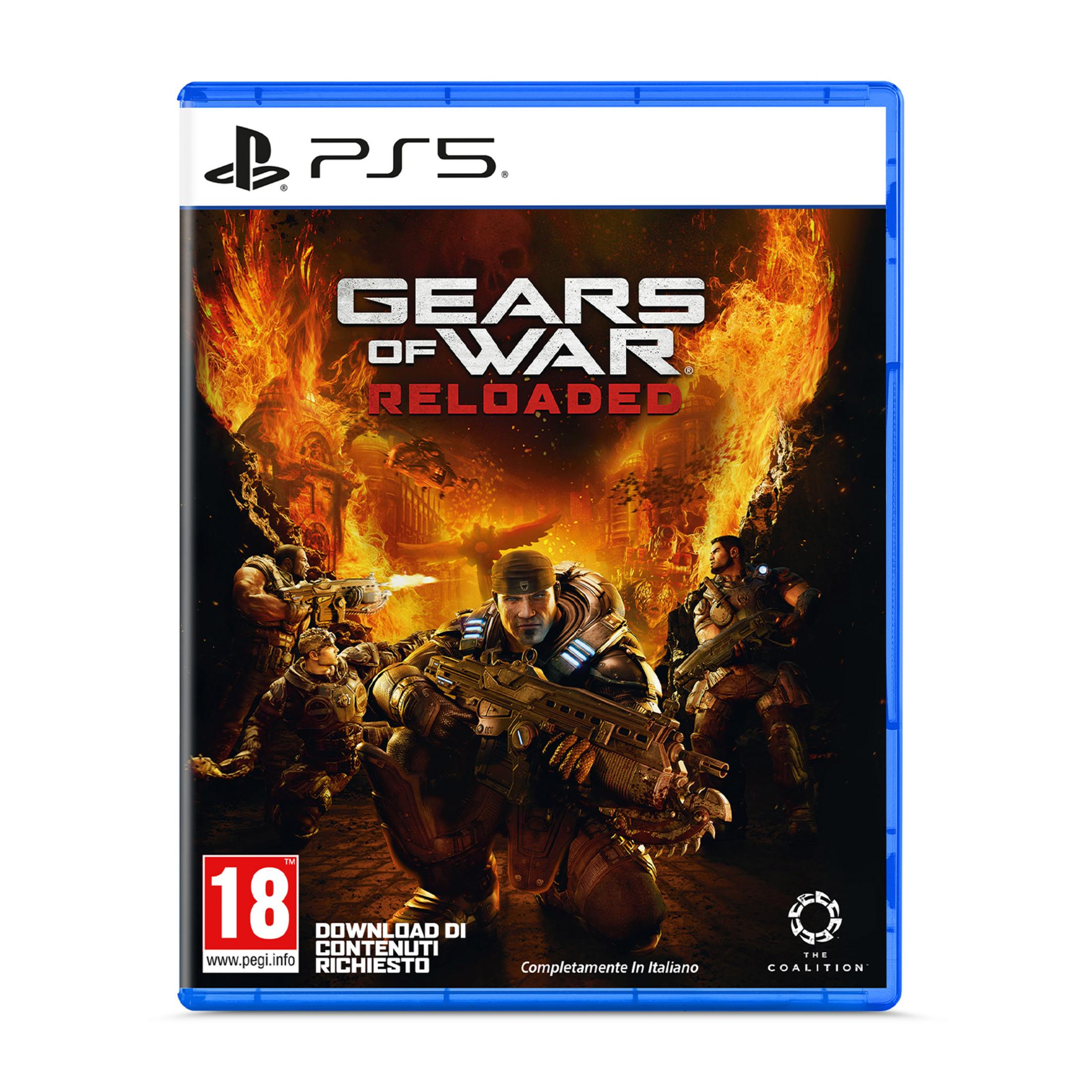 Copertina gioco PS5: Gears of War Reloaded con soldati e fiamme.