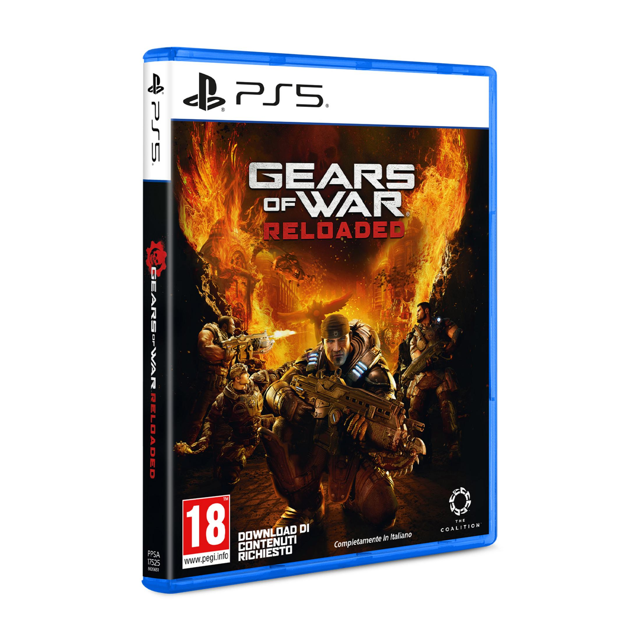 Confezione gioco Gears of War Reloaded PS5 con soldati in battaglia contro fiamme.