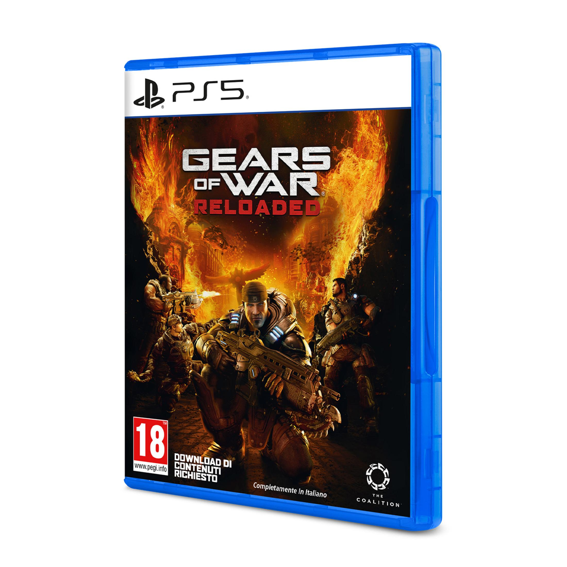 Copertina PS5 Gears of War Reloaded con soldati e fiamme. Etichetta 18+.
