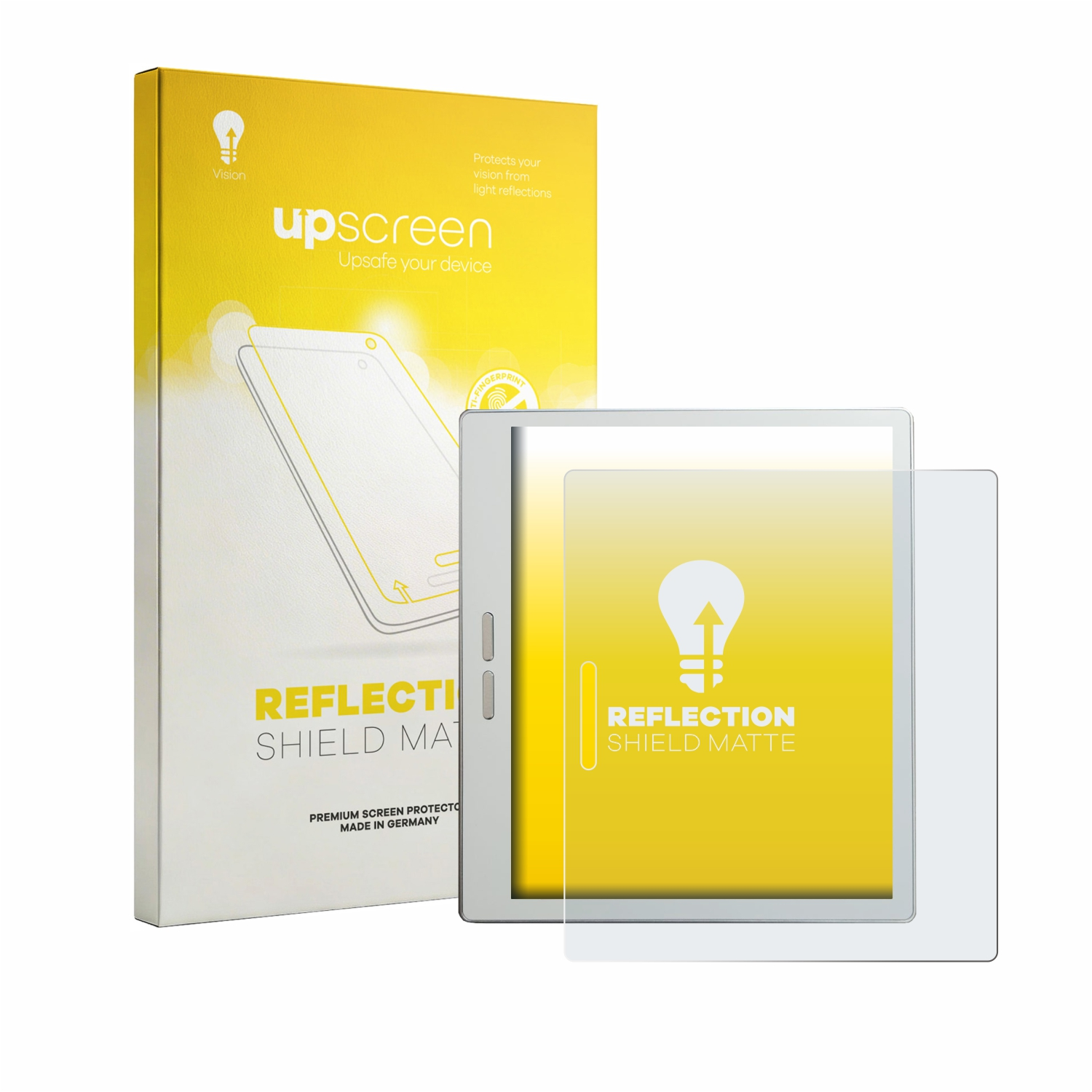 Upscreen Reflection Shield Matte Displayschutzfolien-Verpackung und ein Tablet.