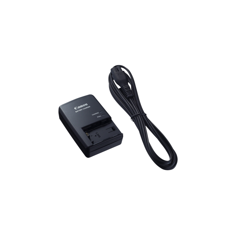 Zwarte Canon batterijlader met zwart snoer op witte achtergrond.