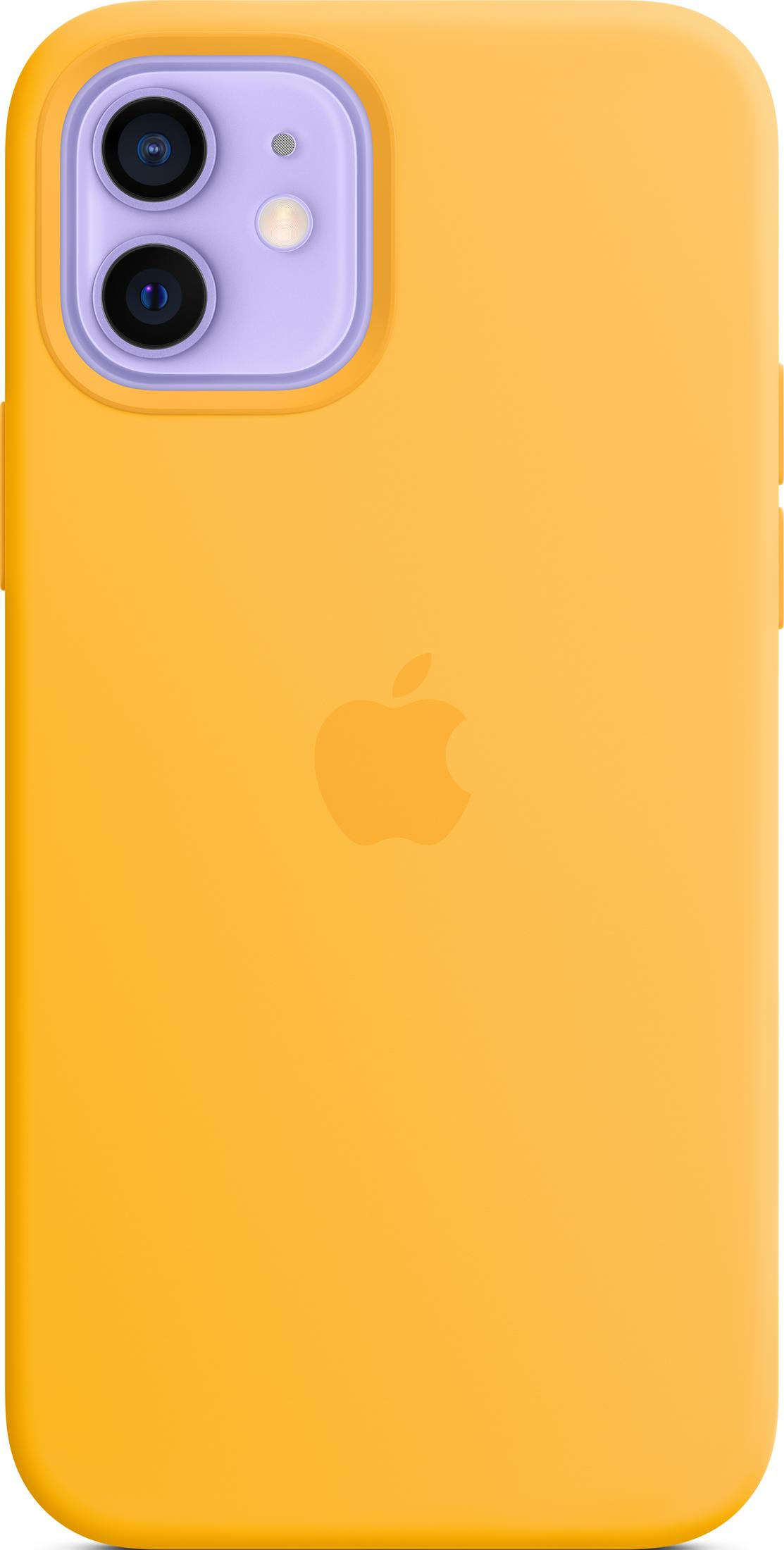 A yellow iPhone case featuring a purple camera module and an Apple logo.