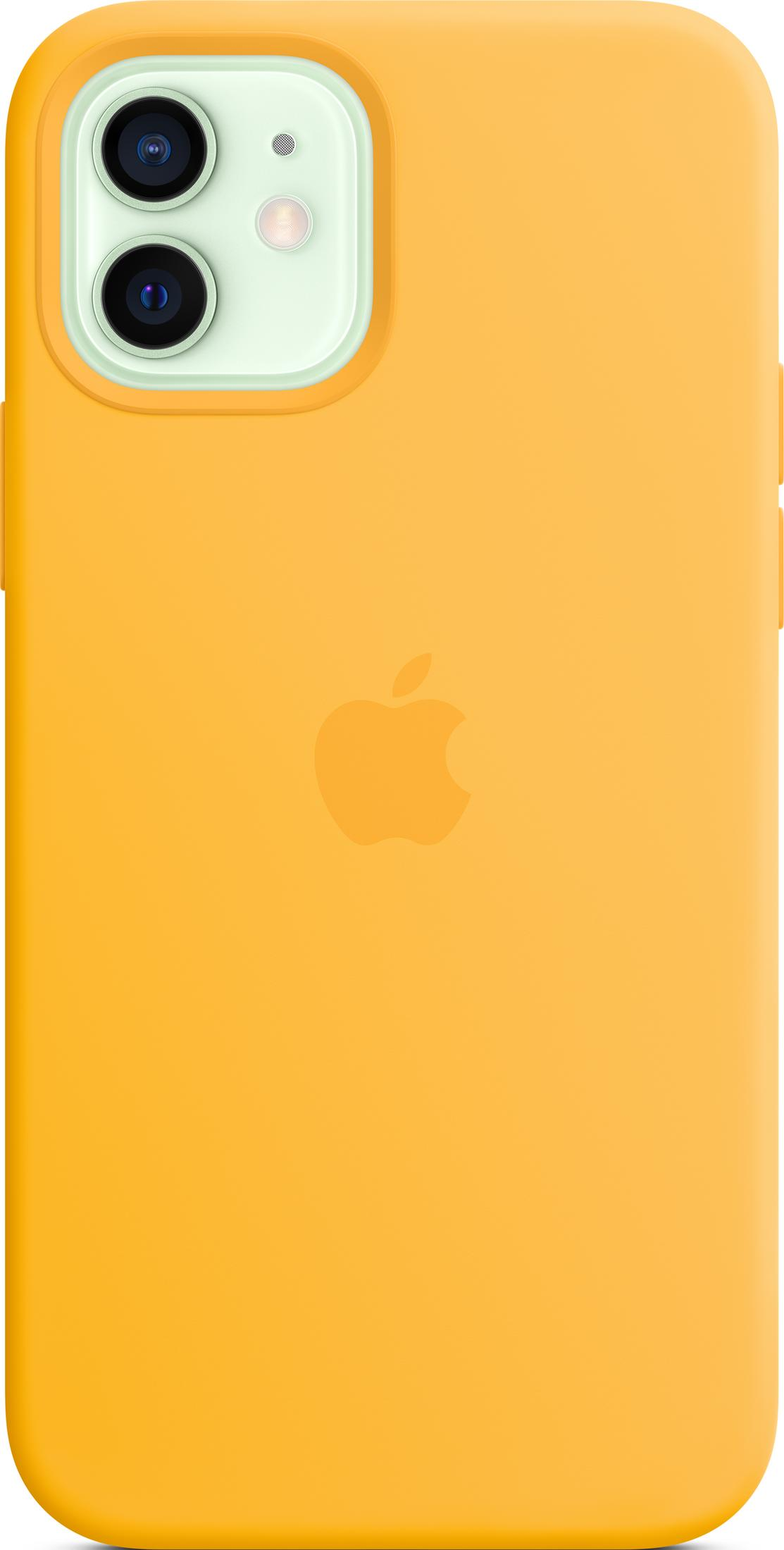 A yellow iPhone case with an Apple logo and camera. It is made of silicone.