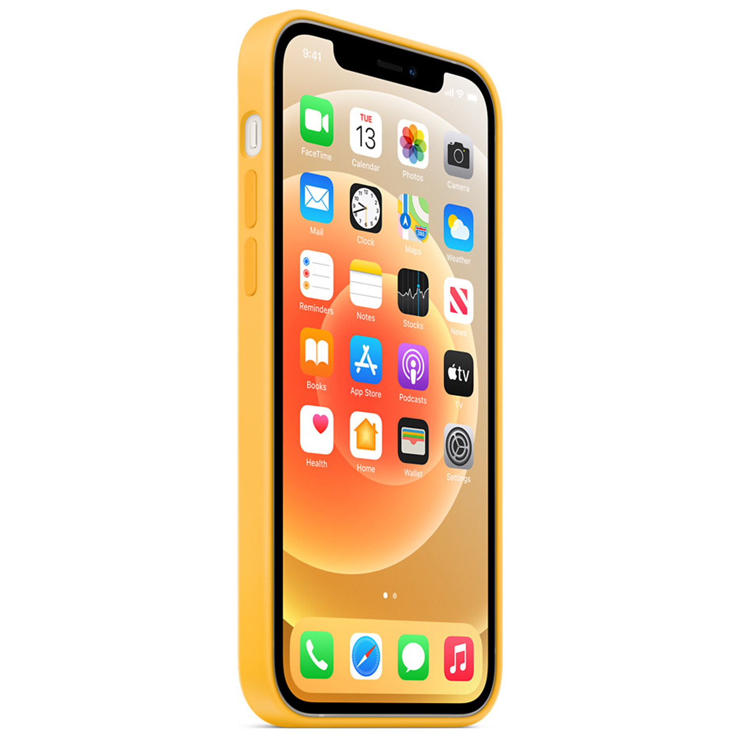 A yellow iPhone displaying various app icons on its screen.