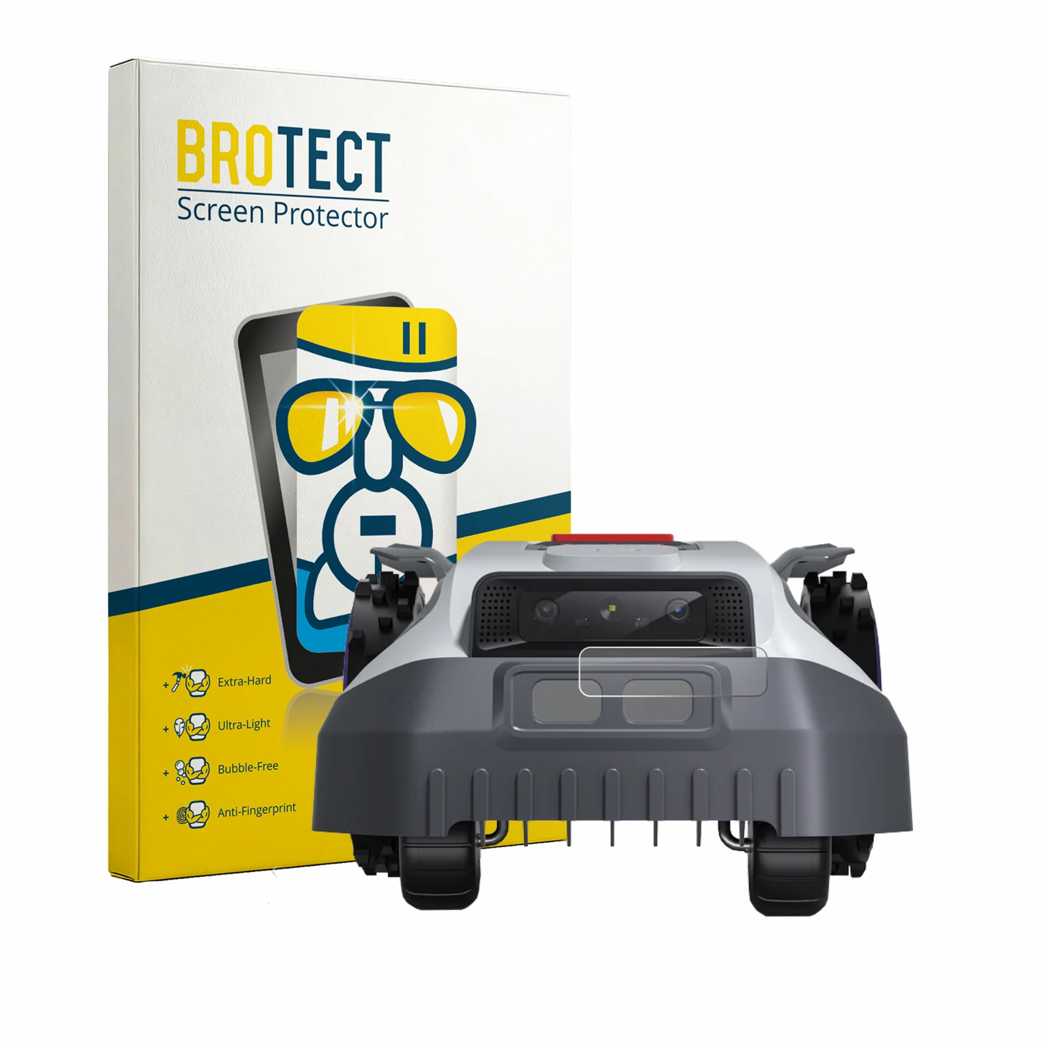 Packung mit "BROTECT Screen Protector" und einem Mähroboter.