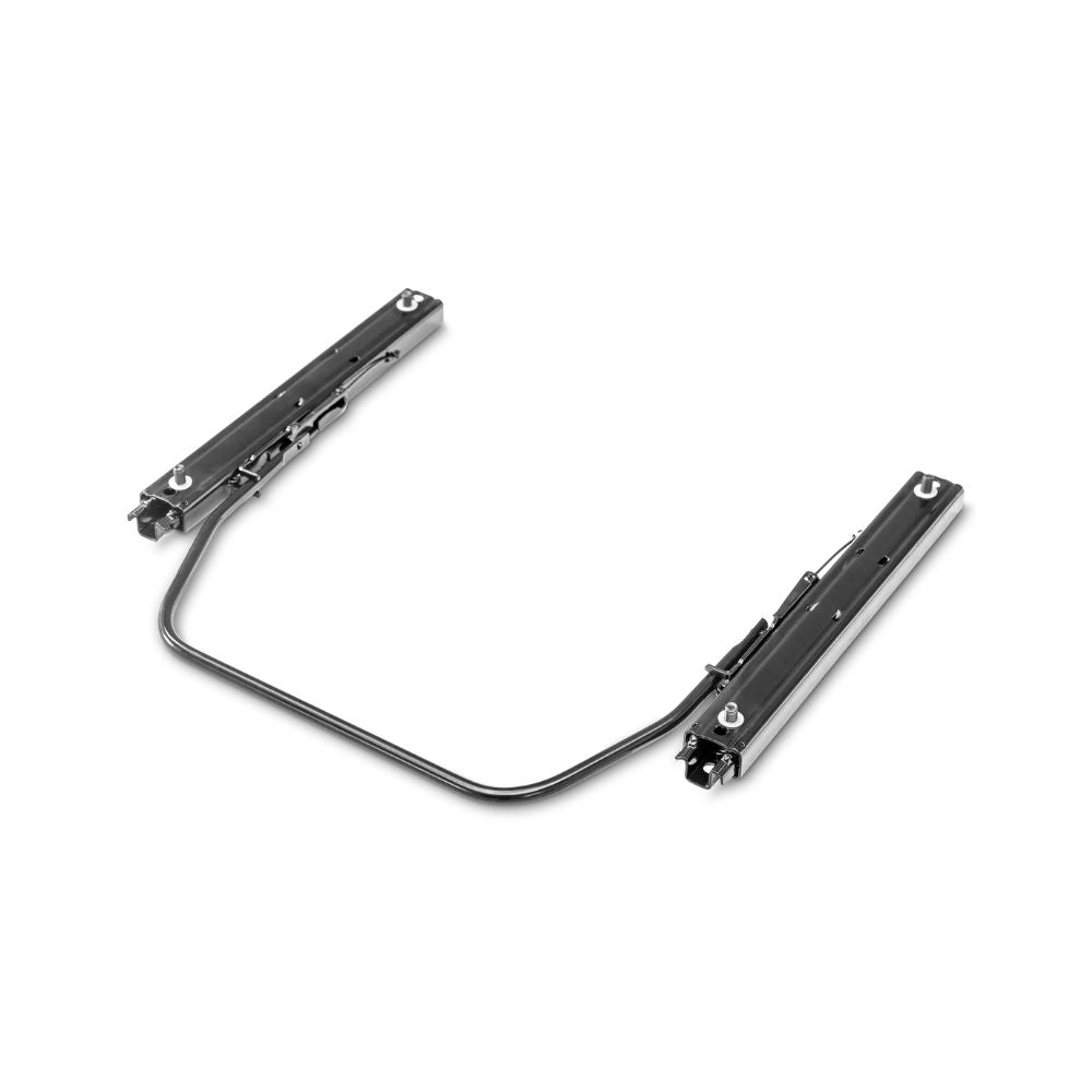 Twee metalen stoelrails verbonden door een gebogen metalen stang.