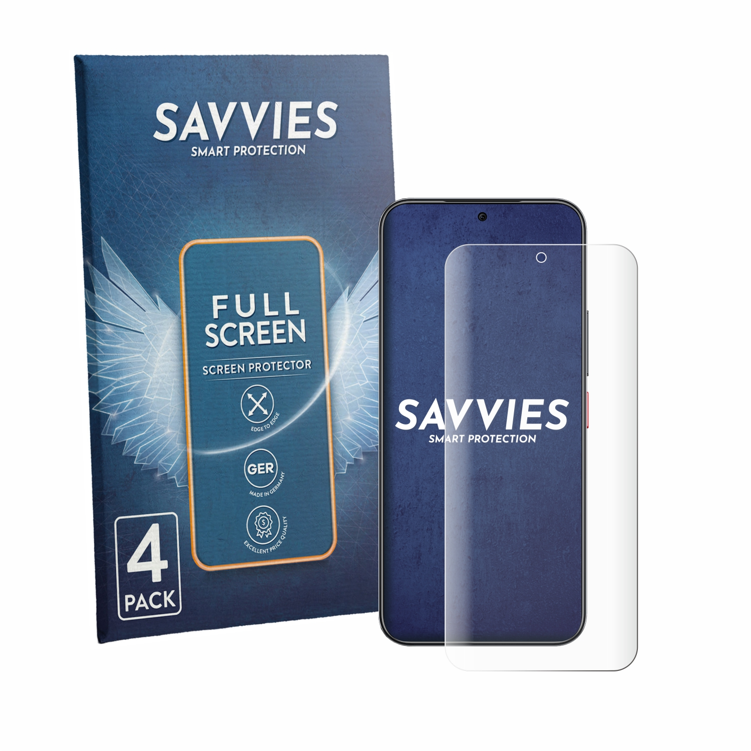 Savvies Vollbild-Displayschutzfolie, 4er-Pack, auf einem Smartphone.