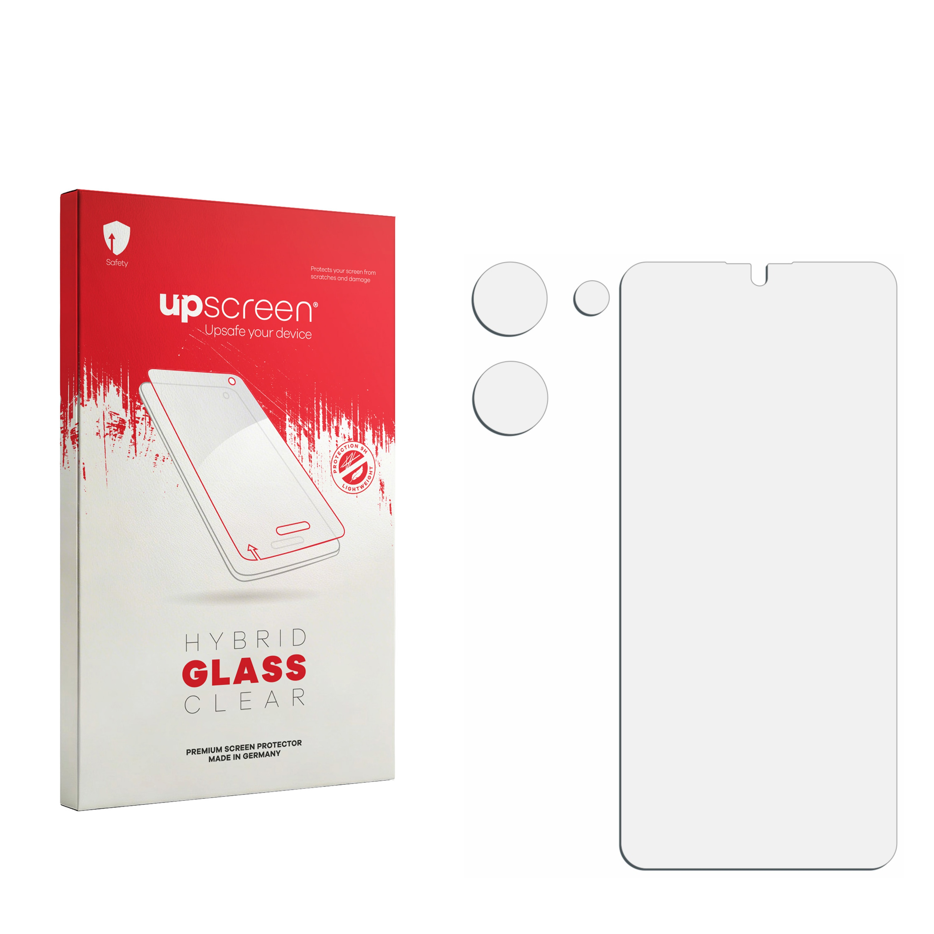 Verpackung und Displayschutzfolie für ein Smartphone. Die rote Verpackung zeigt einen stilisierten Handy-Bildschirm.