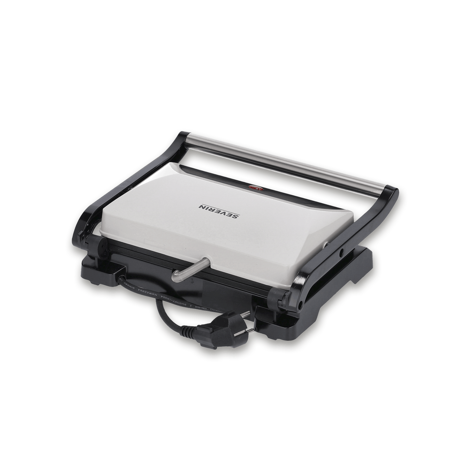 Ein geschlossener weißer Kontaktgrill mit schwarzem Gehäuse und silbernem Griff.