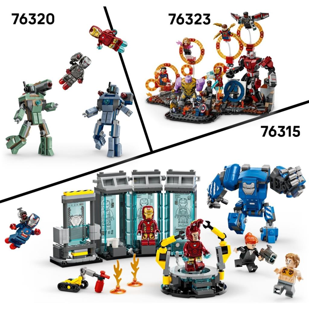Iron Man, Thanos ve diğerleri dahil süper kahraman figürleri içeren Lego setleri.