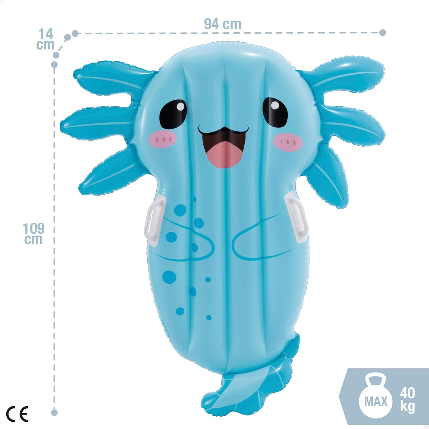 Aufblasbares blaues axolotlförmiges Schwimmtier mit Gänsefüßchen und rosa Wangen.