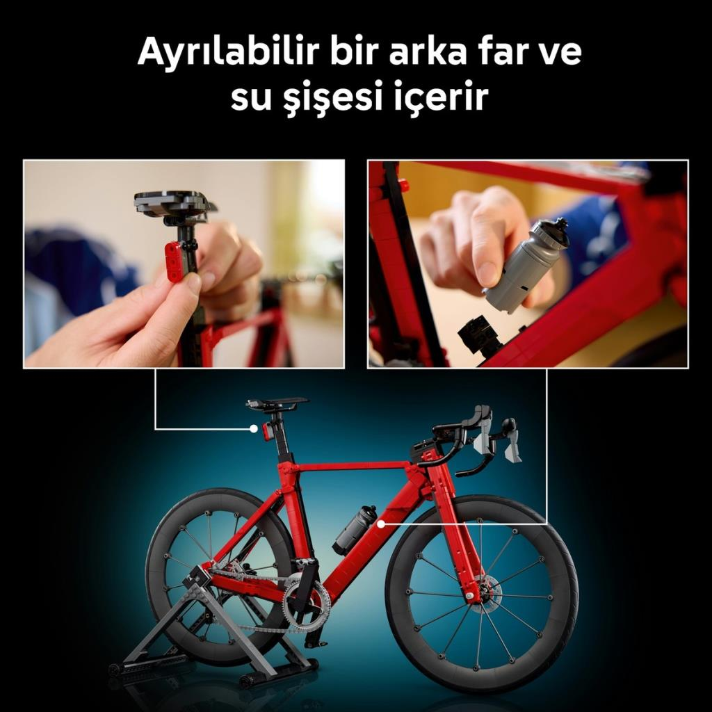 Sökülebilen arka lamba ve suluklu kırmızı bisiklet stantta.
