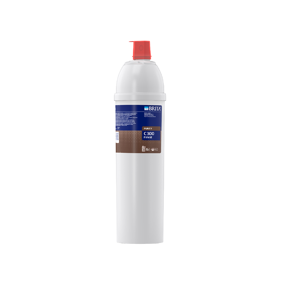 Ein weißer Brita C300 Wasserfilter mit rotem Deckel und braunem Etikett.