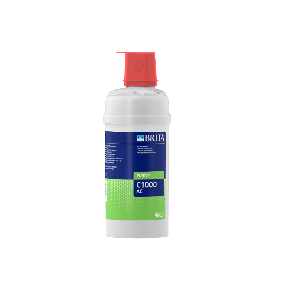 Brita Purity C1000 AC Wasserfilterpatrone mit rotem Verschluss.