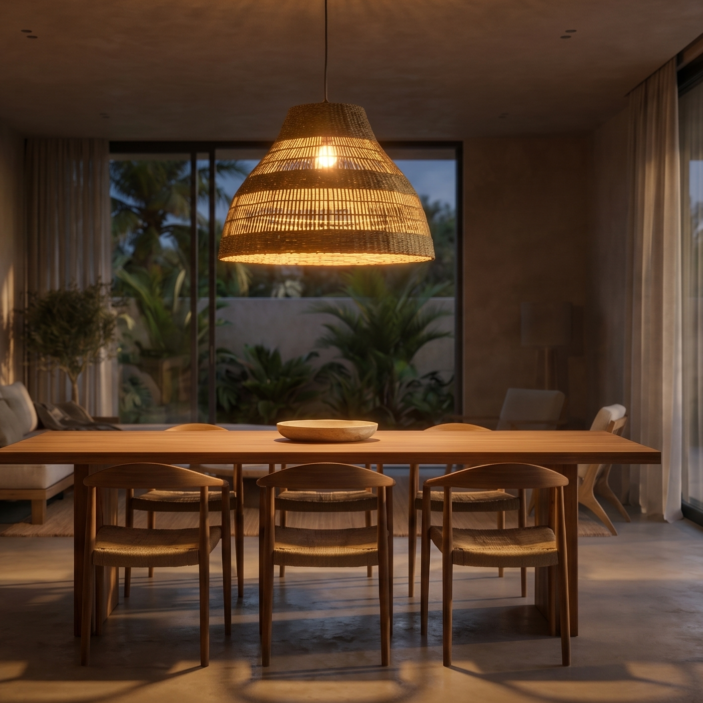 Ein Esszimmer mit Holztisch und Stühlen, beleuchtet von einer großen Weidenlampe.