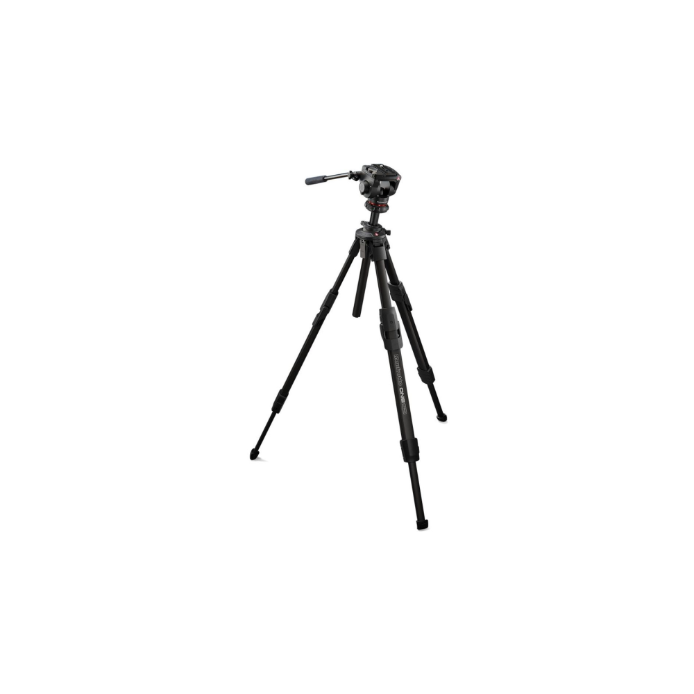 A black camera tripod with three legs and a gimbal head stands on a white background.
