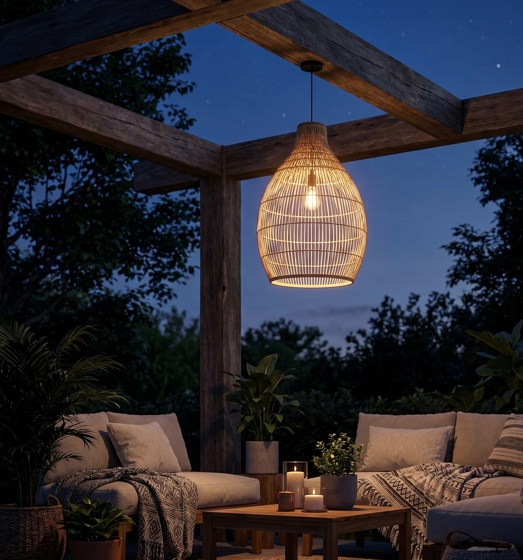 Außenpatio in der Dämmerung mit Weidenlampe, Sitzgelegenheiten, Pflanzen und Kerzen.