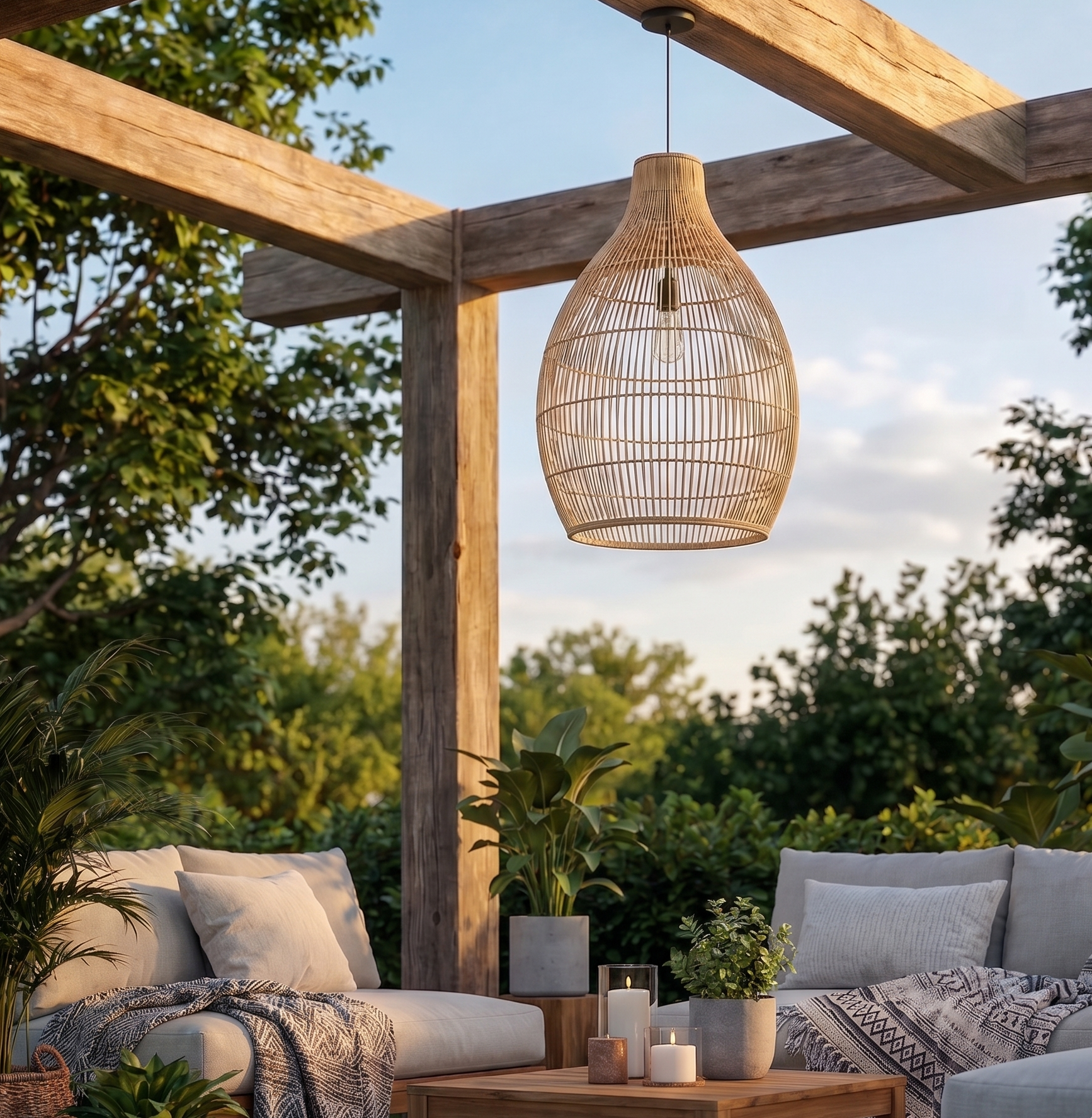 Eine überdachte Terrasse mit bequemen Sofas, einem Holztisch und Pflanzen.