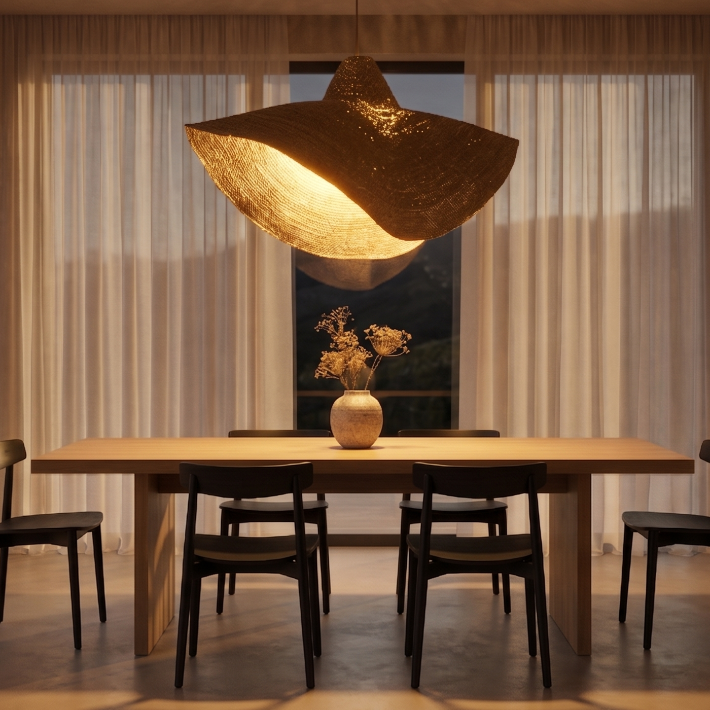Ein Esstisch aus Holz mit Stühlen und einer Lampe in Form eines Hutes.