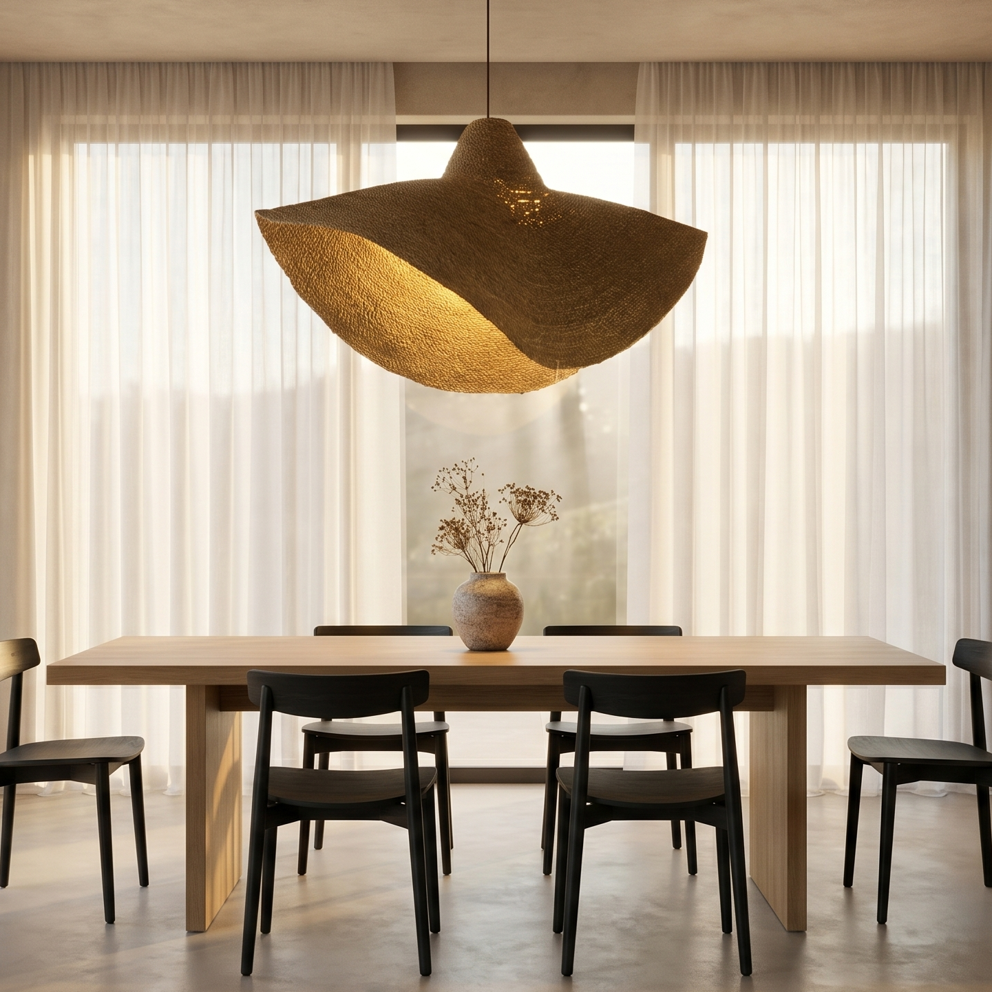 Ein Esstisch aus Holz mit sechs schwarzen Stühlen, beleuchtet von einer großen Hängelampe.