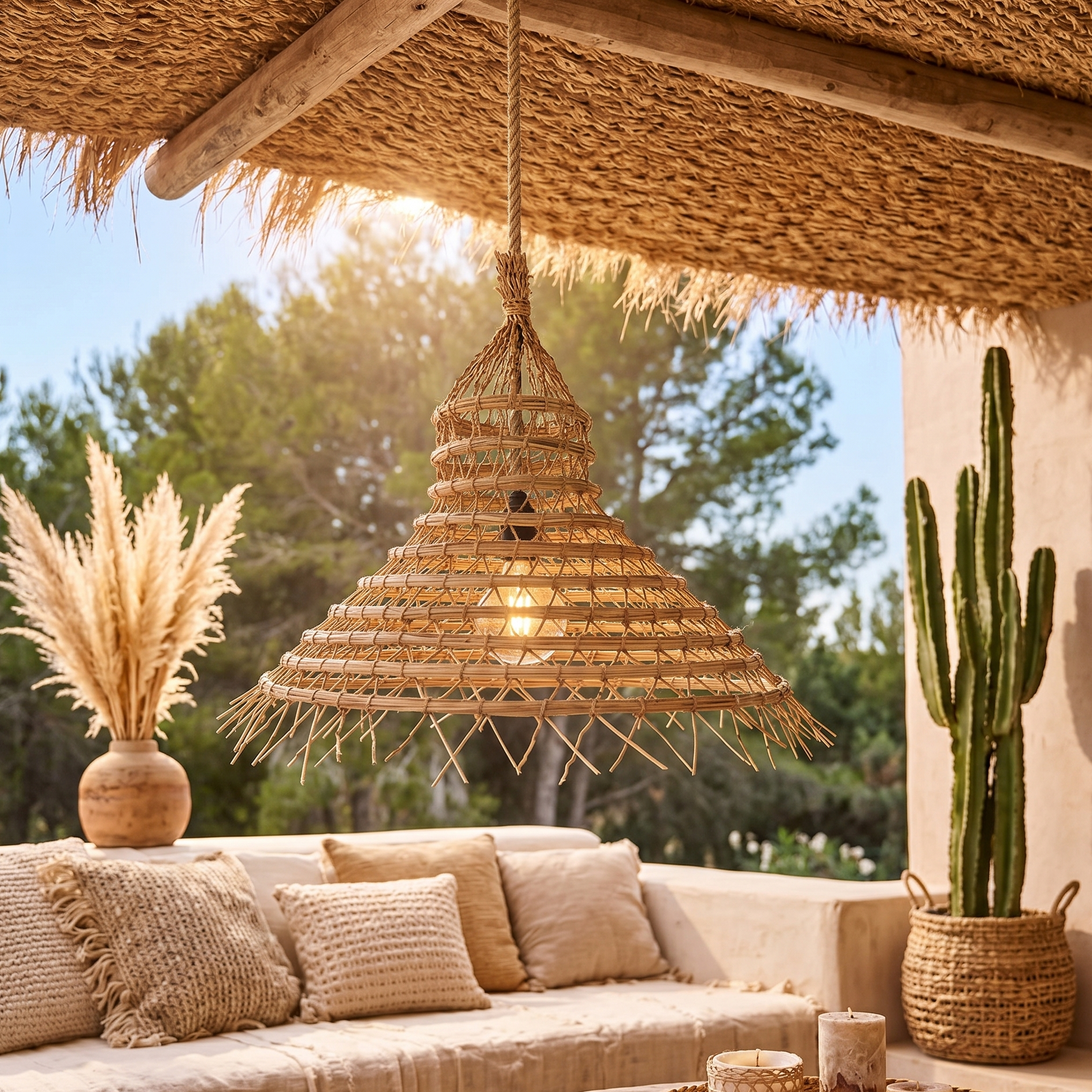 Rattanlampe über Sofa mit Kissen, Vase mit Pampasgras und Kaktus.