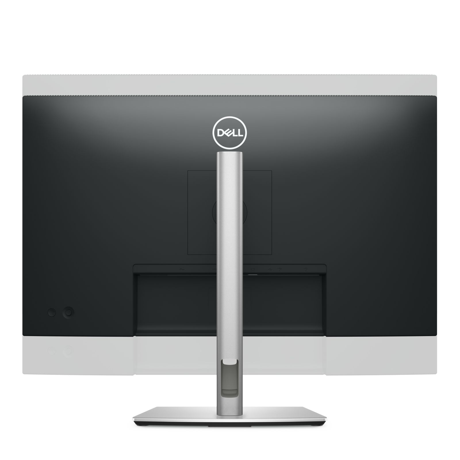 Vista posteriore di un computer Dell All-in-One con supporto argento e schermo nero.