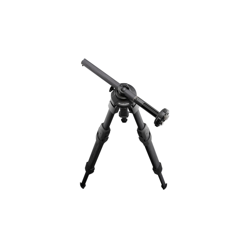 Un treppiede Manfrotto nero con tre gambe e una colonna centrale, angolato.