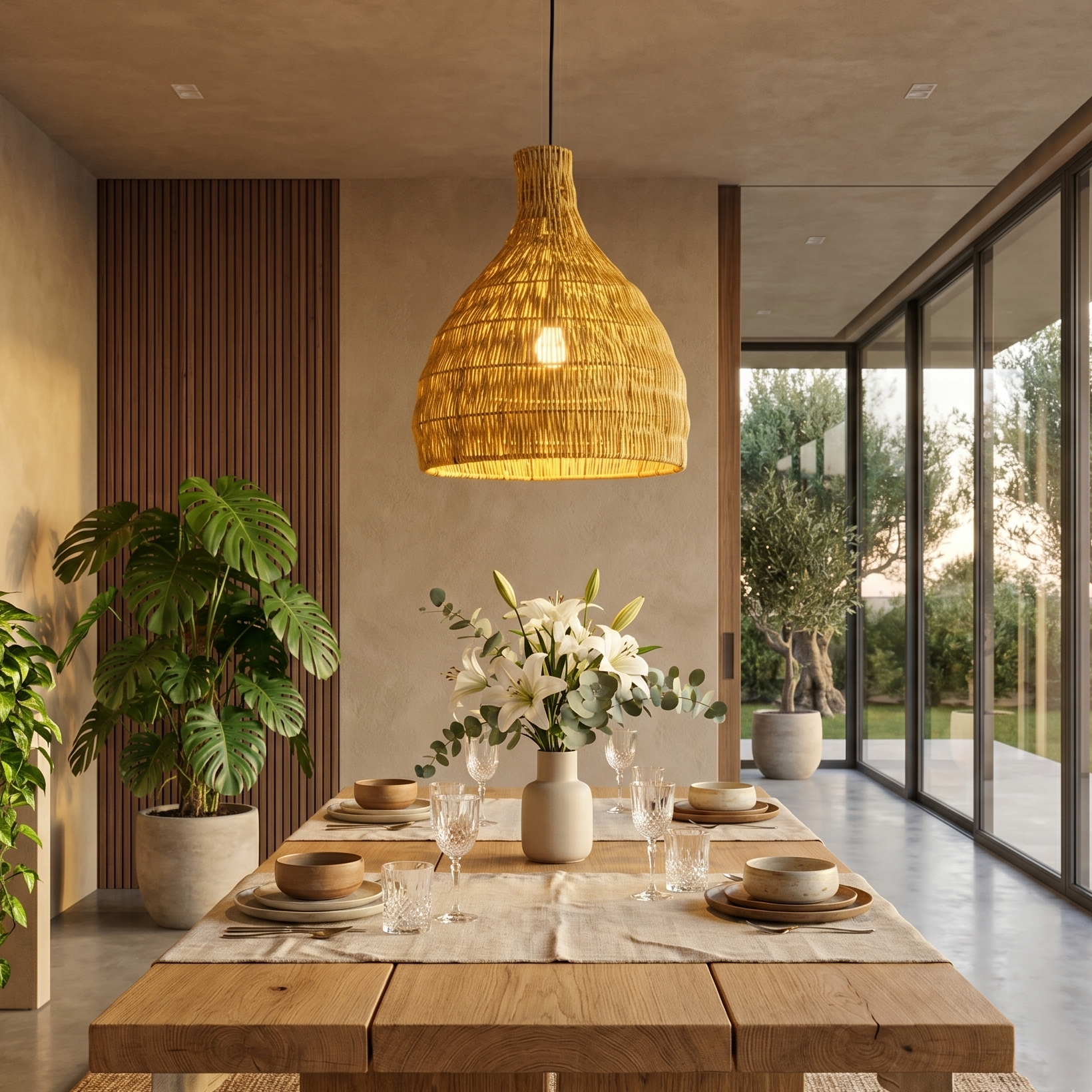 Holztisch mit gedeckter Tafel und Blumenstrauß, daneben Pflanzen und Fensterfront.