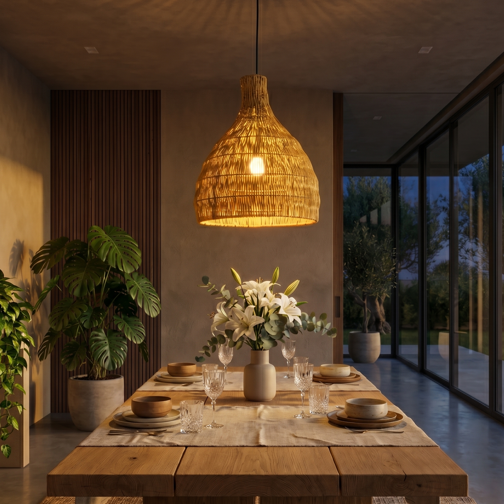 Ein Esstisch mit gedeckter Tafel, großen Pflanzen und einem Rattankorb-Kronleuchter.