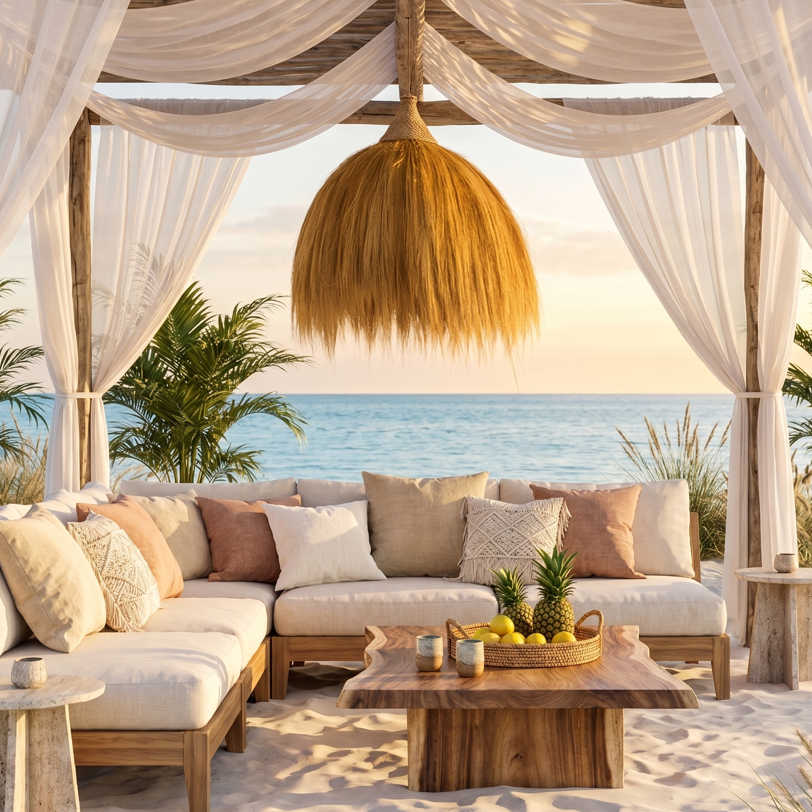 Strandpavillon mit Sofa, Kissen, Holztisch, Früchten und Meerblick.