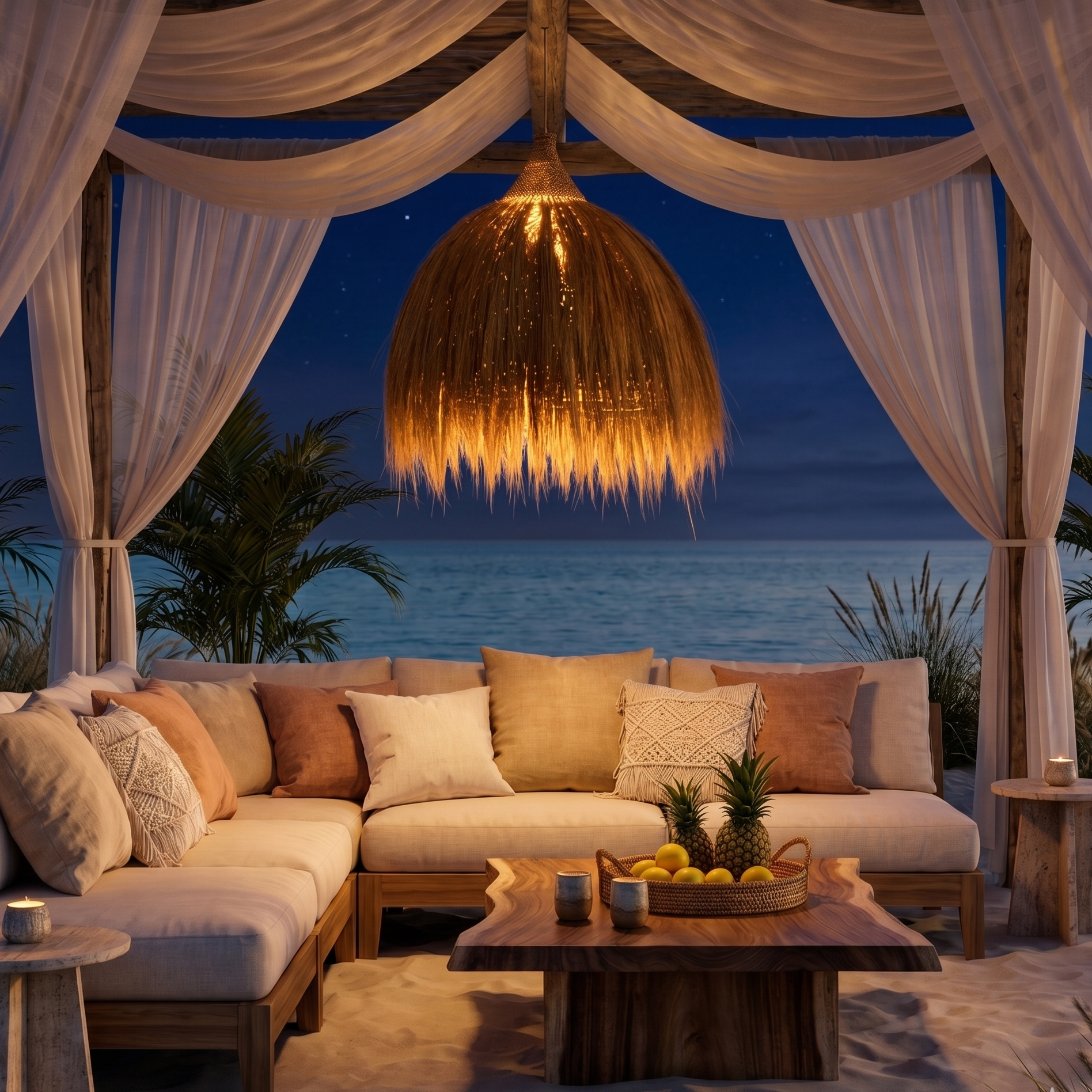 Strandpavillon mit Sofa, Kaffeetisch mit Früchten, Meer im Hintergrund, Nacht.