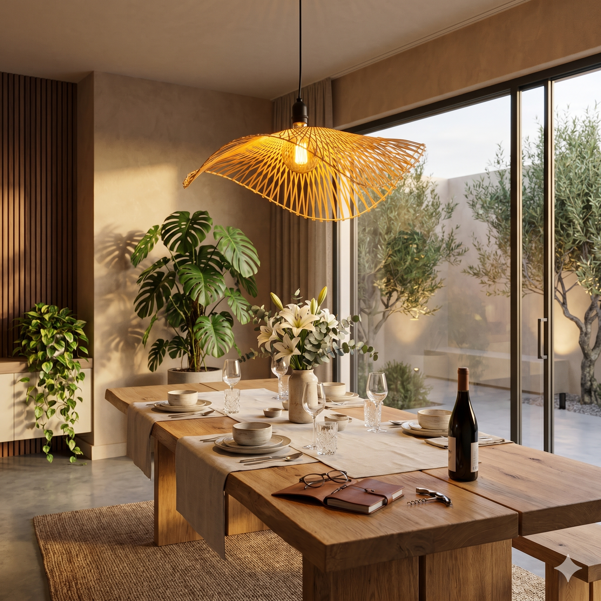 Holztisch mit gedeckter Tafel, Blumen, Pflanzen und Wein vor Fenstertür nach draußen.