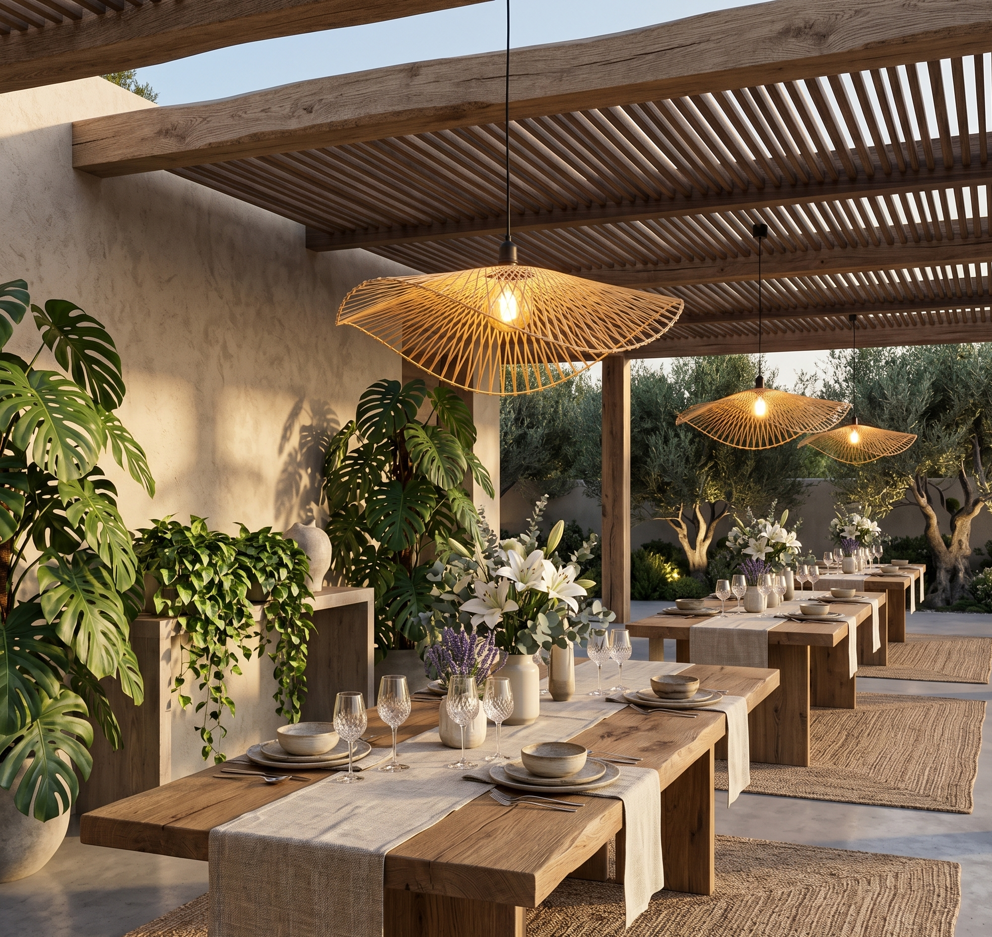 Holztische mit Geschirr und Blumen unter einer Pergola mit Hängeleuchten.