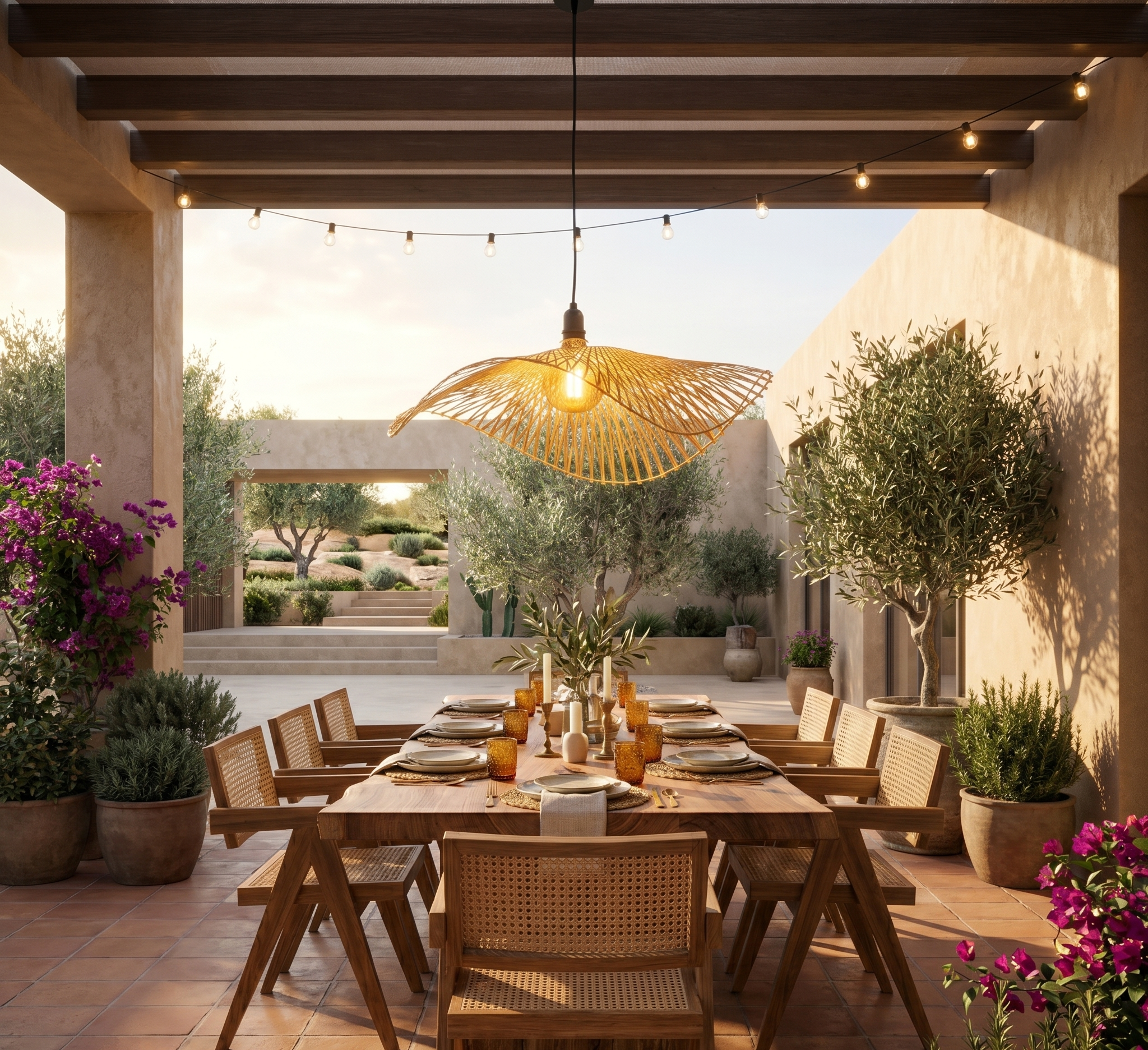 Ein langer Holztisch mit gedeckter Tafel unter einer Pergola mit Lichterkette.