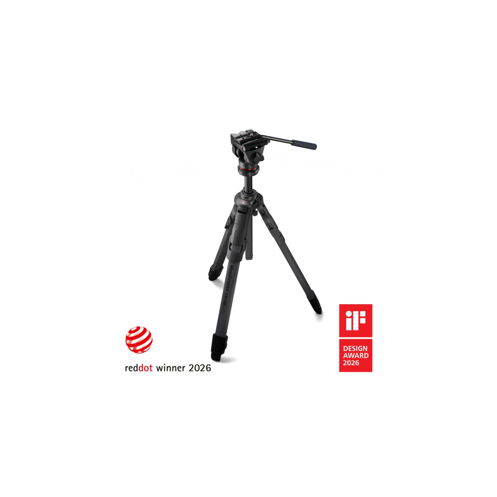 A black travel tripod with three legs, a head, and a handle.