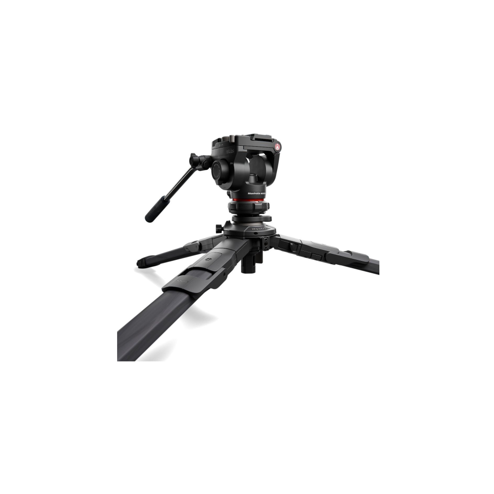 A black camera tripod head with a handle and three extending legs.