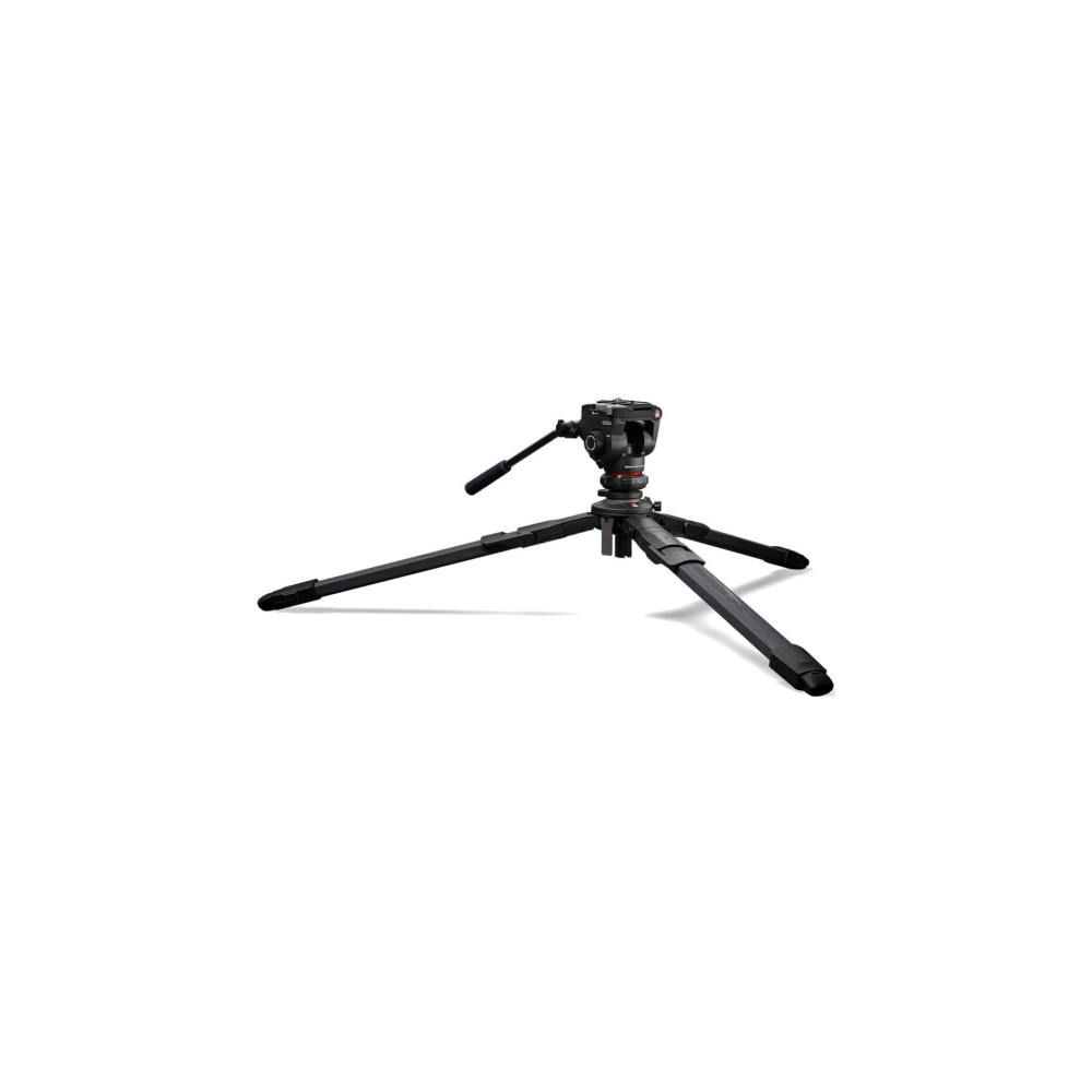 A black camera tripod with three legs and a swivel head.