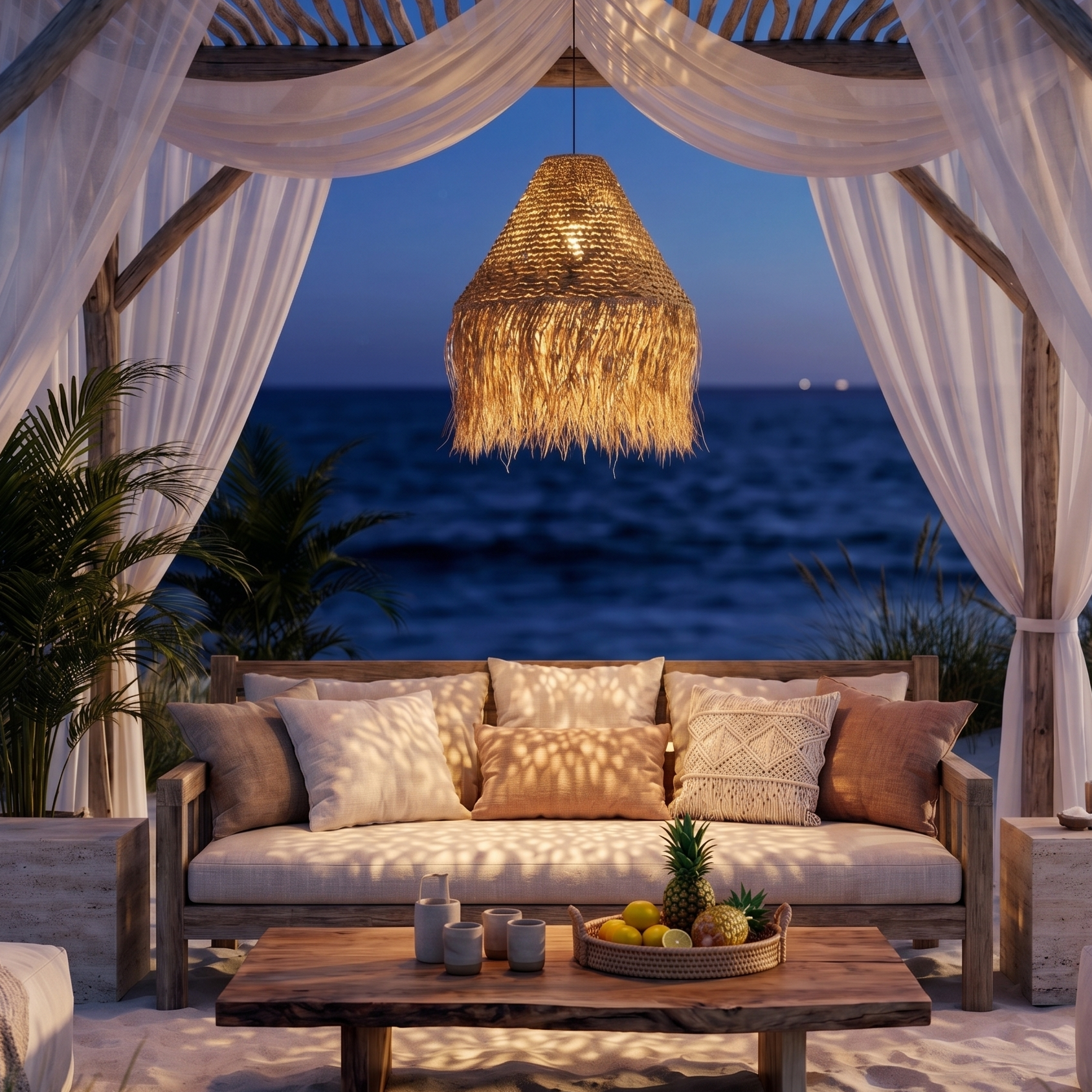 Ein Pavillon am Strand mit Meerblick bei Nacht. Ein Sofa mit Kissen, ein Tisch mit Früchten.