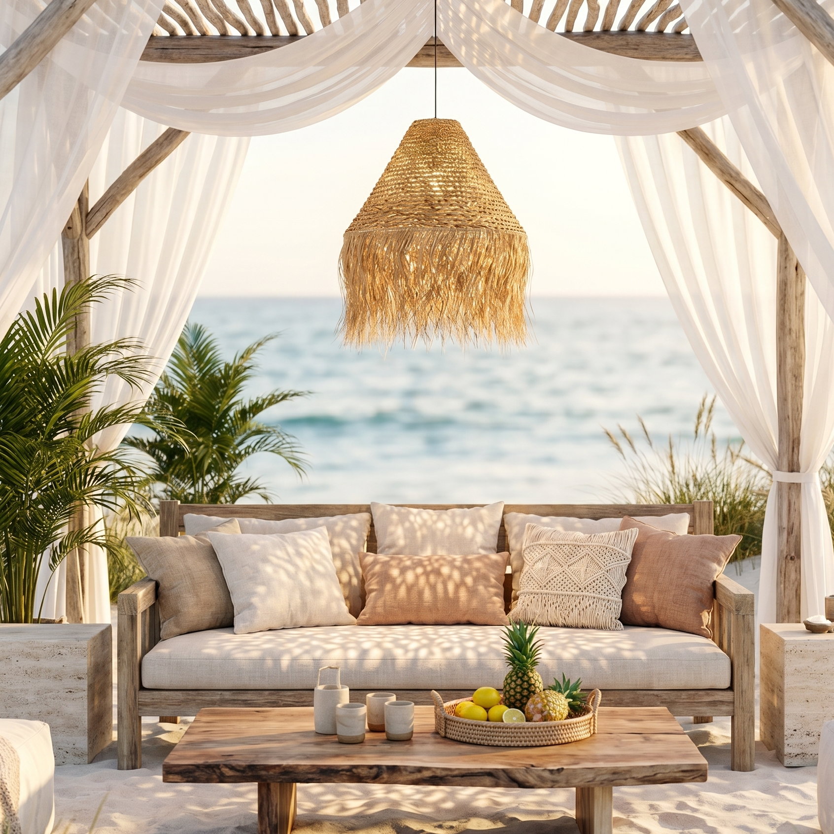 Ein Sofa mit Kissen steht am Strand vor dem Meer unter einem Baldachin.