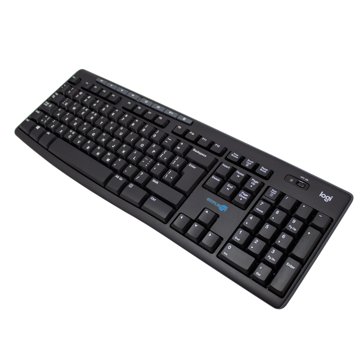 Schwarze Logitech-Tastatur mit Nummernblock und beleuchteter Beschriftung