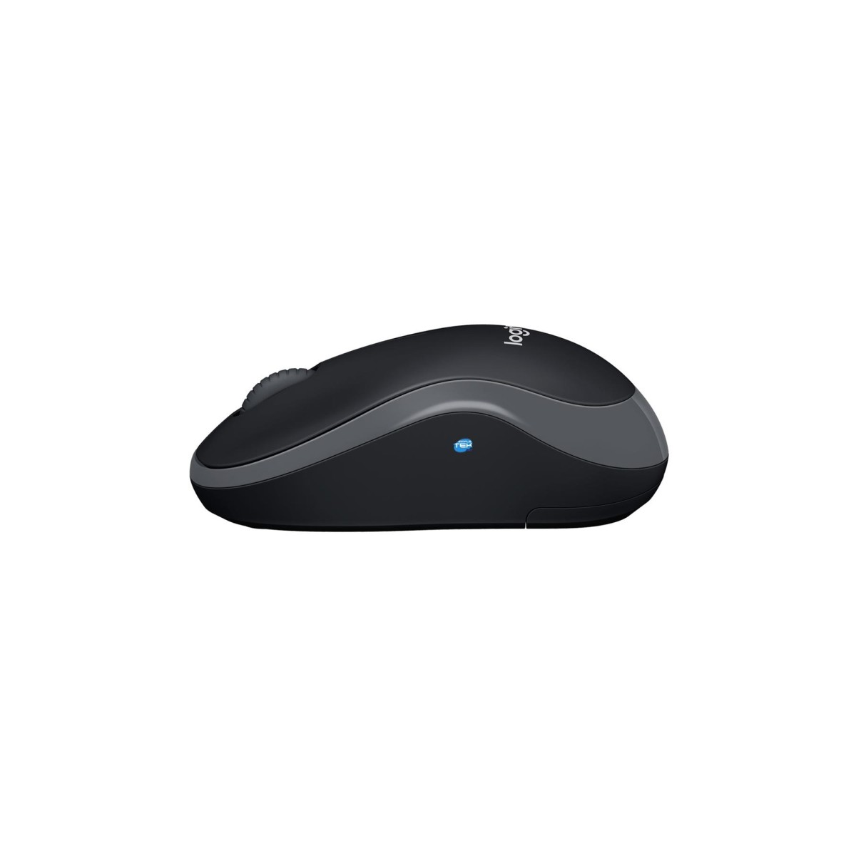 Schwarze Logitech-Maus mit grauem Akzent und Scrollrad, isoliert auf weißem Hintergrund.