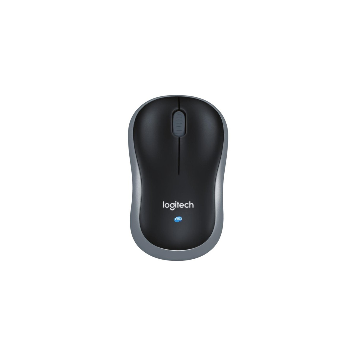 Eine schwarze Logitech-Maus mit grauem Rand und einem Scrollrad.