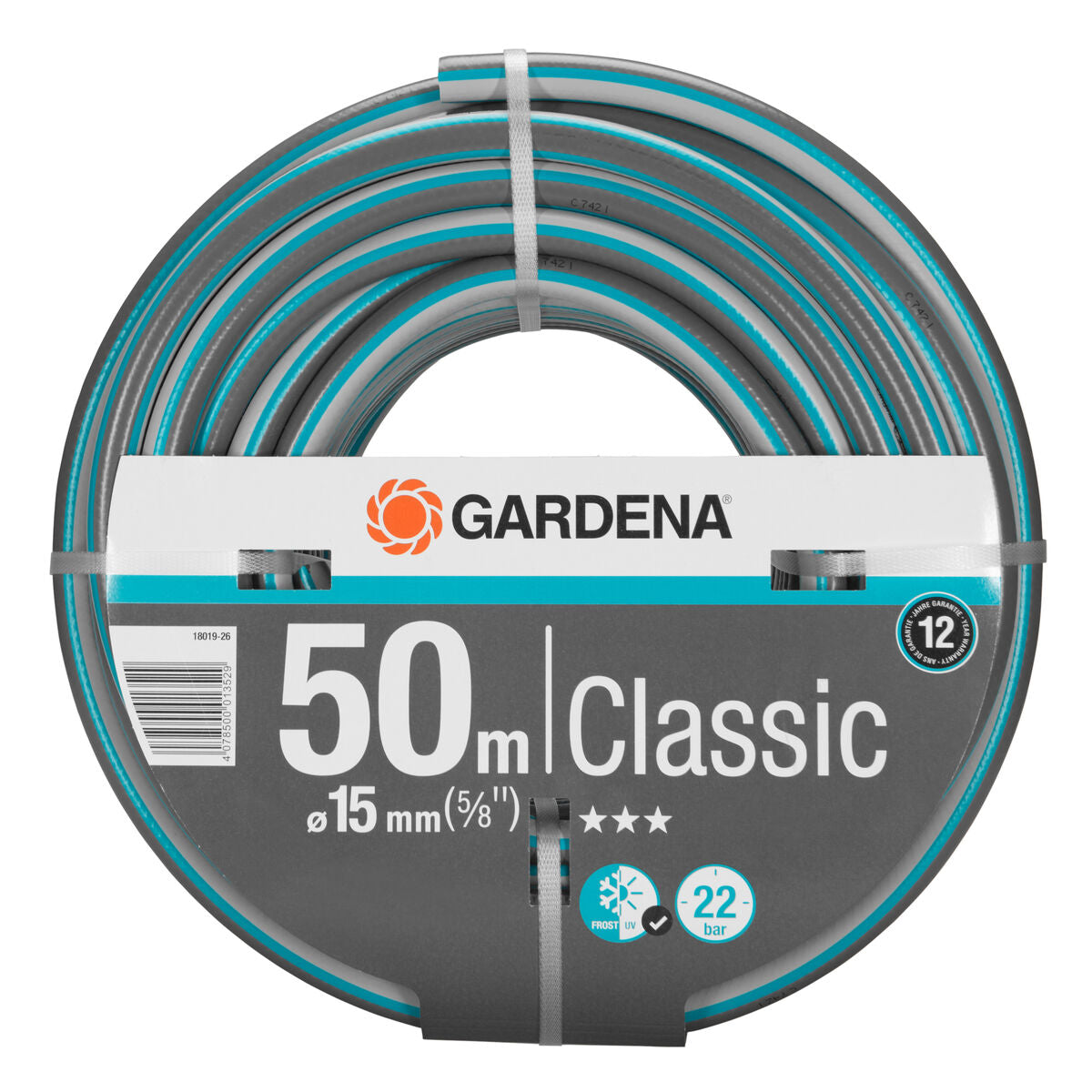 Gartenschlauch 50m Classic, 15mm Durchmesser, blau-grau mit blauen Streifen.