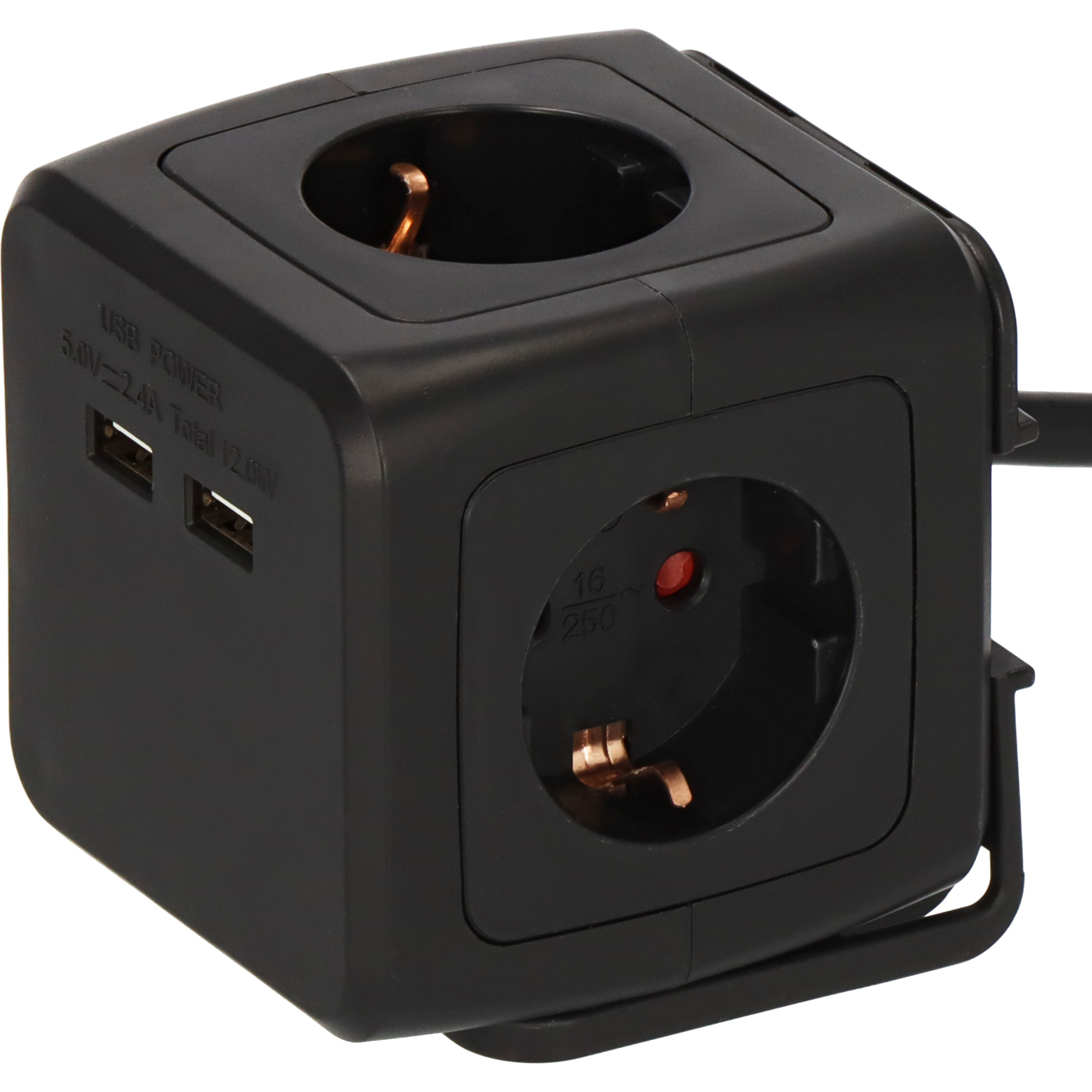 Schwarzer Mehrfachsteckdosenwürfel mit zwei USB-Anschlüssen und einer Steckdose.