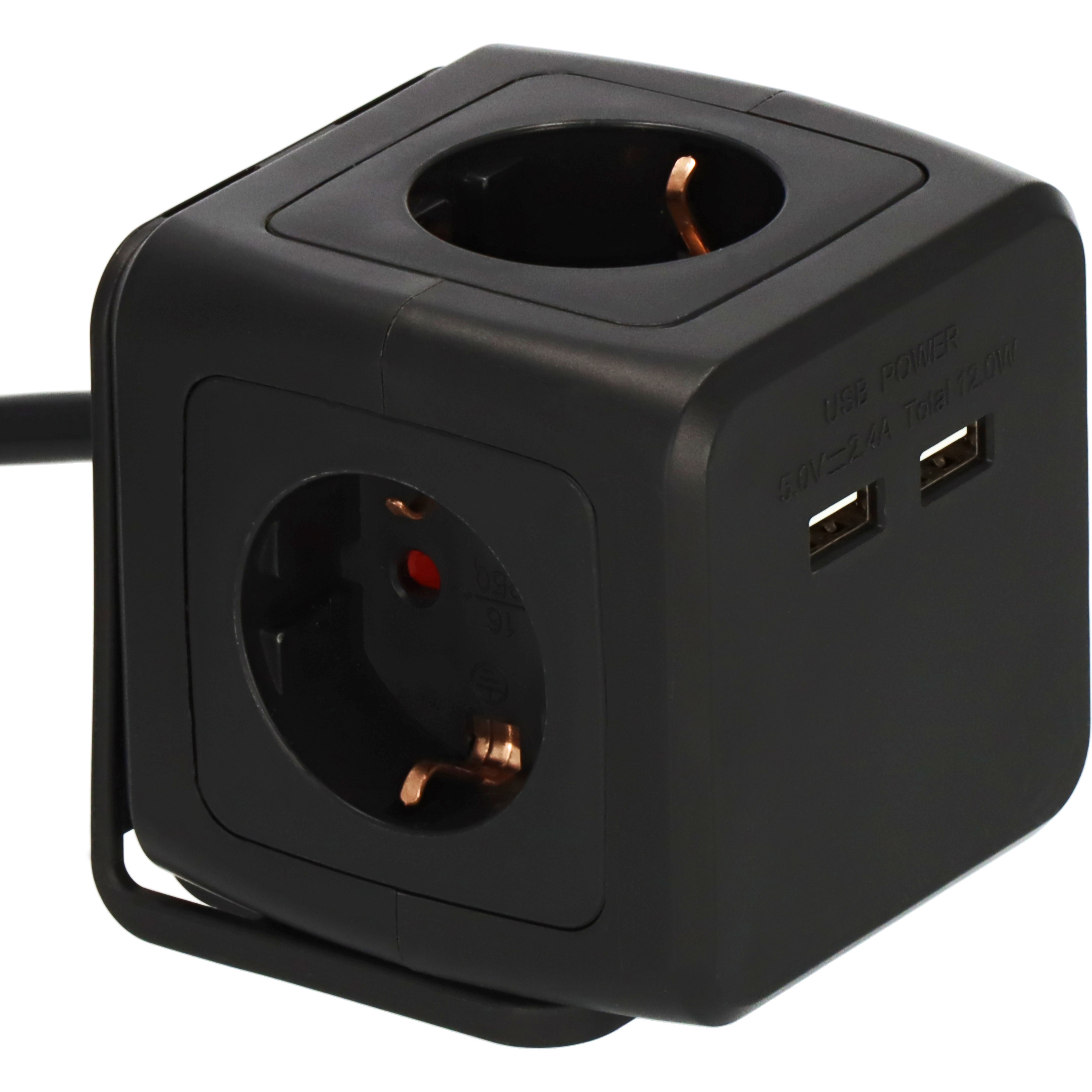 Schwarzer Würfel-Mehrfachsteckdose mit USB-Anschlüssen und Steckdose.