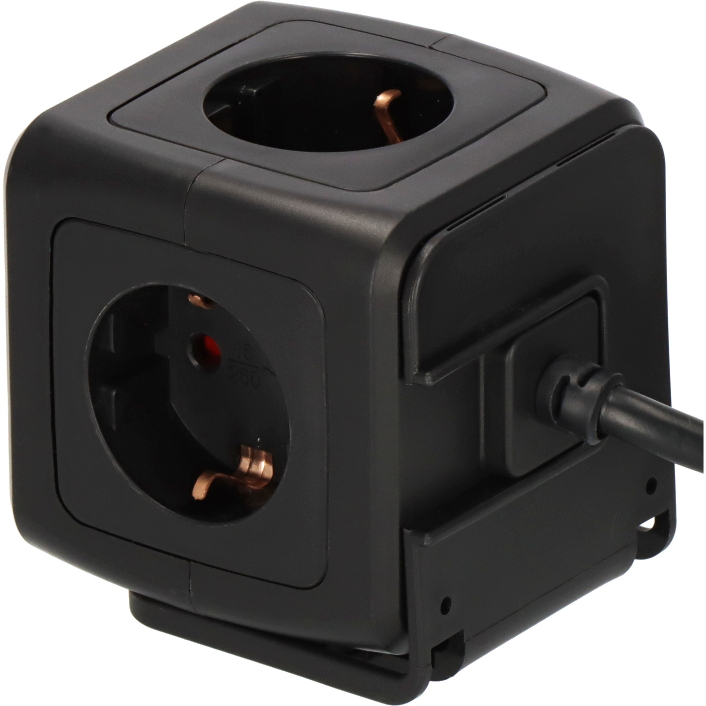 Schwarzer Würfel-Steckdosenadapter mit mehreren Steckdosen und einem Kabel.