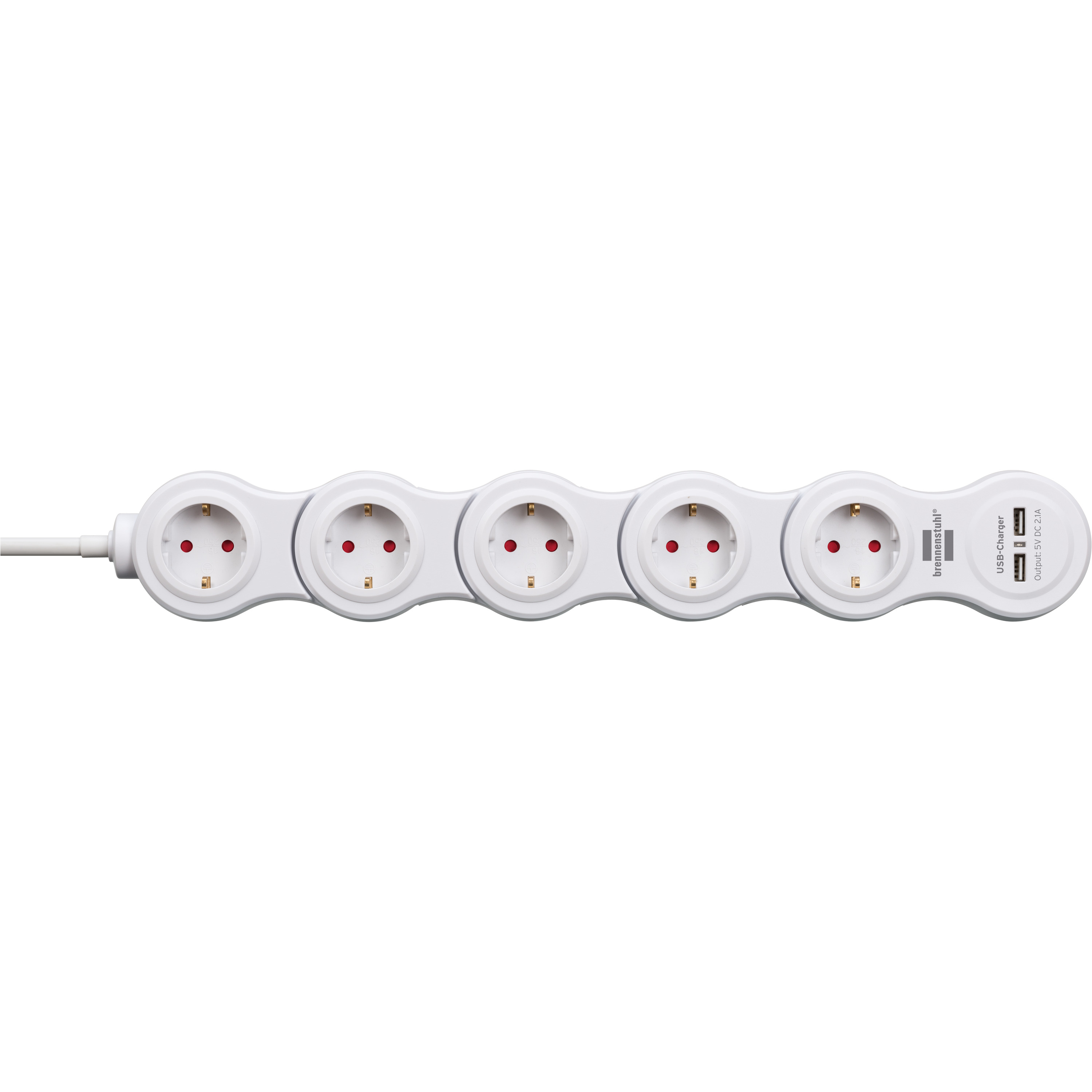 Ein weies Stromkabel mit fünf Steckdosen und zwei USB-Anschlüssen.